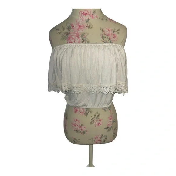 Hollister White Off-Shoulder Blouse Lace Trim - Picture 3 of 8